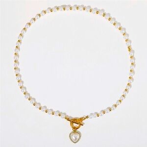 Pearl Goldtone Beads Heart Rhinestone Toggle Necklace